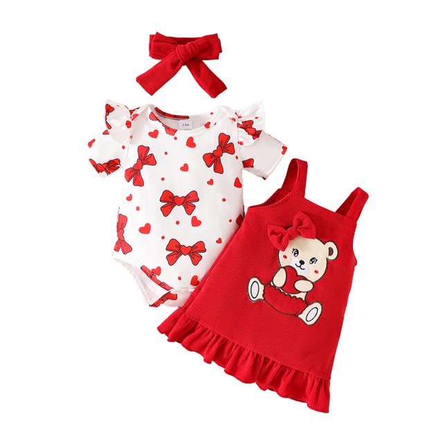 TZEWGL Barboteuse à Manches Courtes Body Imprimé Ours avec Jupes à Bretelles Ensemble 2 Pcs pour Enfants Taille