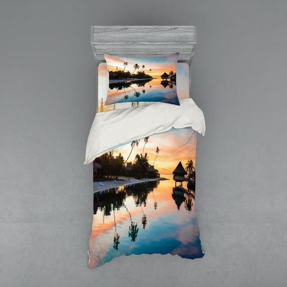 Ambesonne Landscape Bedding Set 3 Pcs, Sunset Moorea Island, Twin, Yellow Coral Blue