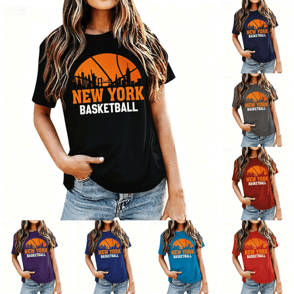 Women Casual Basketball Style Short Sleeve Crew Neck T-Shirt, Soft Breathable Cotton Loose Fit Sports Daily Tops, City Themed Lightweight Summer Tees for Outdoor Workout