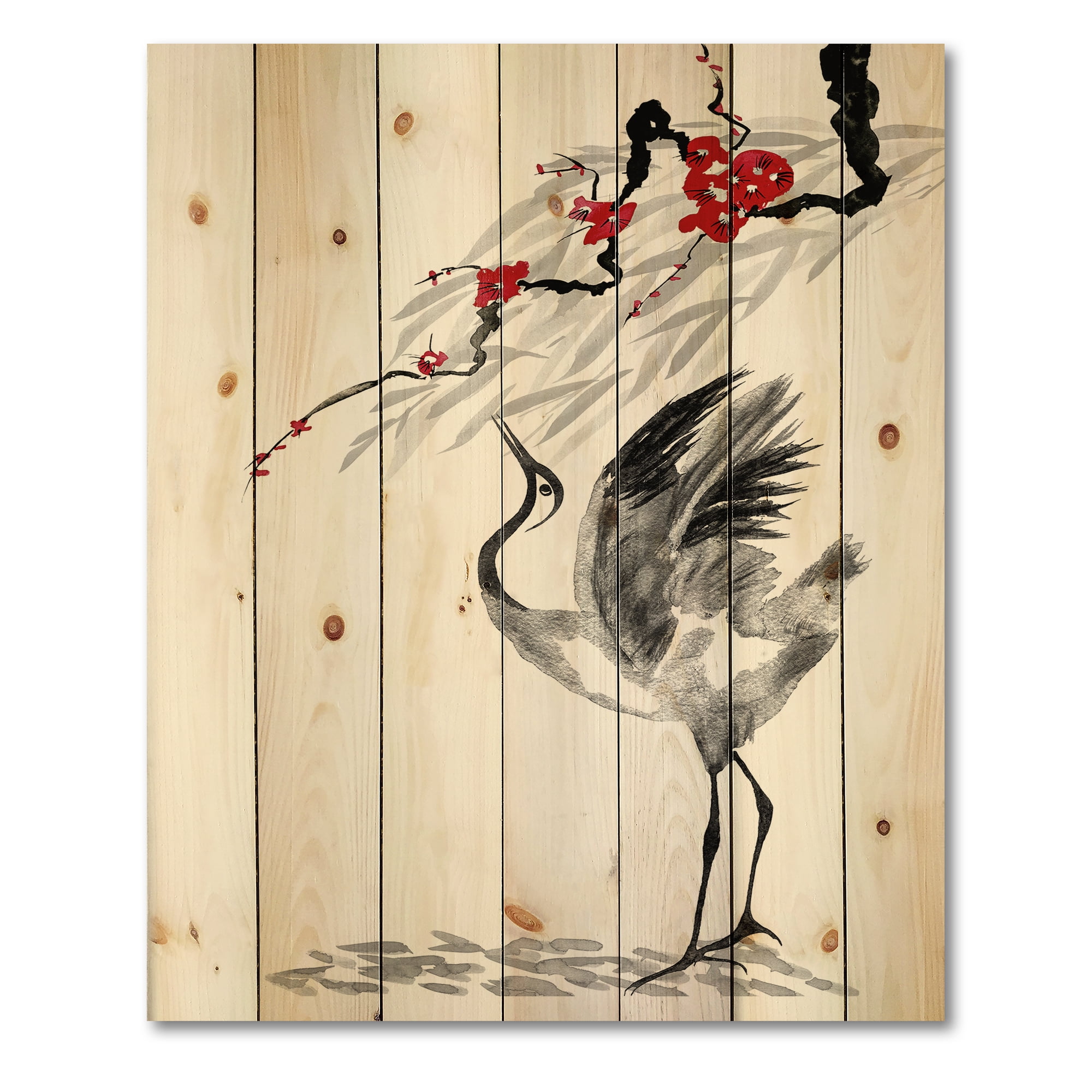 Designart 'Red Flowers With Japanese Cranes Bird Drawing' Traditional Print on Natural Pine Wood