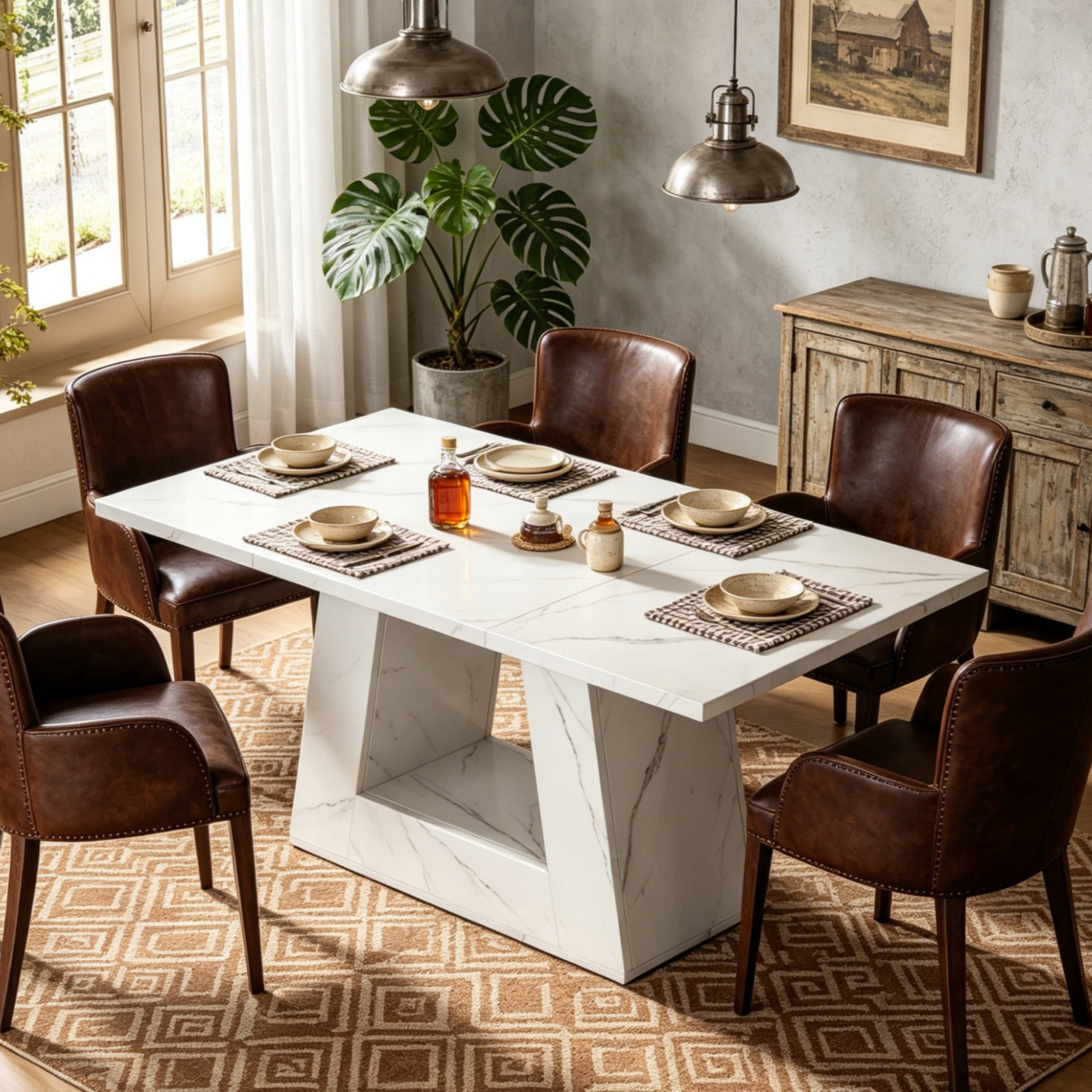 Fnova 63" Modern Long Dining Table for 6 people, Rectangular Geometric Artificial Marble Kitchen Table for Dining Room, White
