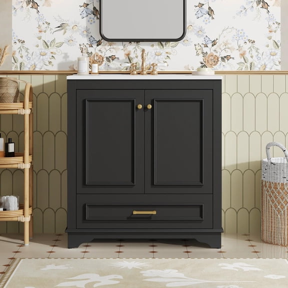 GVN 30 Inch Modern Bathroom Vanity, Ceramic Sink and Soft Closing Doors on Solid Wood Storage Cabinet, Black