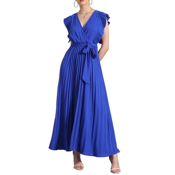 INSPIRE CHIC Women's Wrap Dress V Neck Ruffled Trim Fit & Flare Maxi Dress  M Royal Blue - Walmart Business Supplies