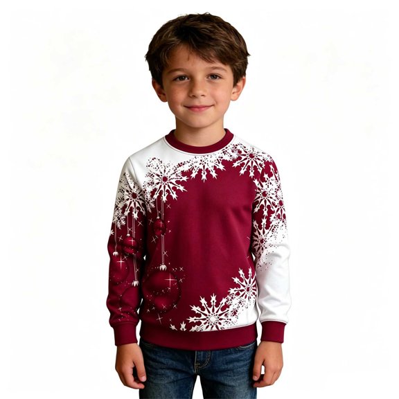 RUTAYY Boys Crewneck Sweatshirt Christmas Snowflake Graphic Long Sleeve Festive Casual Sportswear Loose Fit Holiday Tops