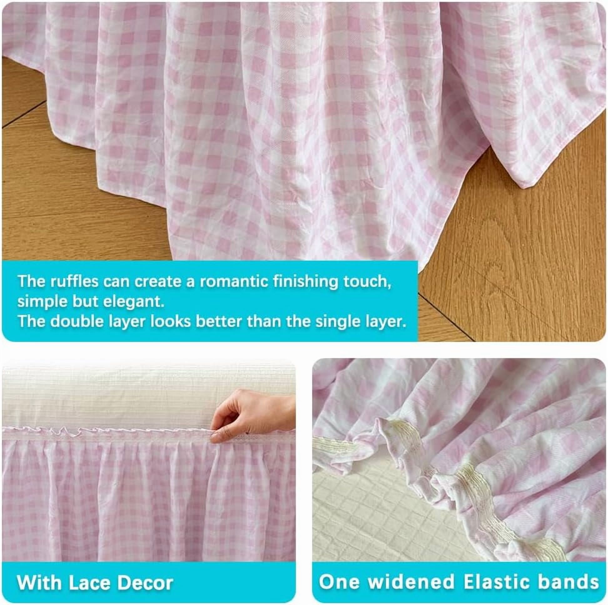 Pink Gingham Wrap Around Ruffled Bed Skirt with Lace Decor, Plaid Grid Adjustable Elastic Dust Ruffles for Queen Bed, 15 Inch Drop Farmhouse Cottage Pleated Bed Frame Cover(Pink Gingham, Queen)