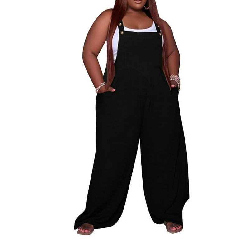 Glonme Women Romper Sleeveless Jumpsuit Plus Size Bib Overalls Summer  Casual Palazzo Pants Keyhole Back Wide Leg Black 3XL 