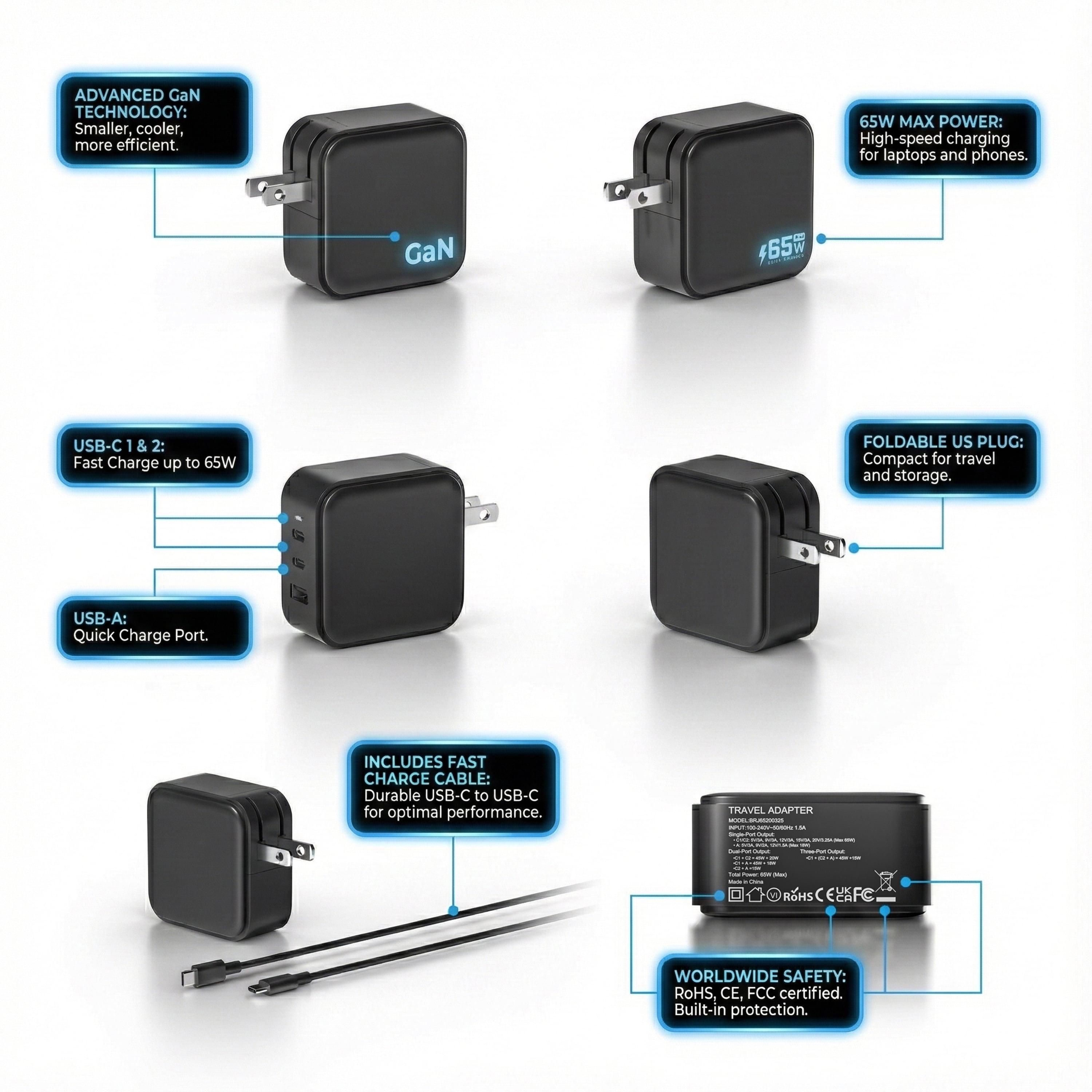 Famous TECH Shop Super Fast GaN Fast Charger Block 3-Port USB-C and USB-A Charging Station for Smartphones Tablets Laptops and USB Devices