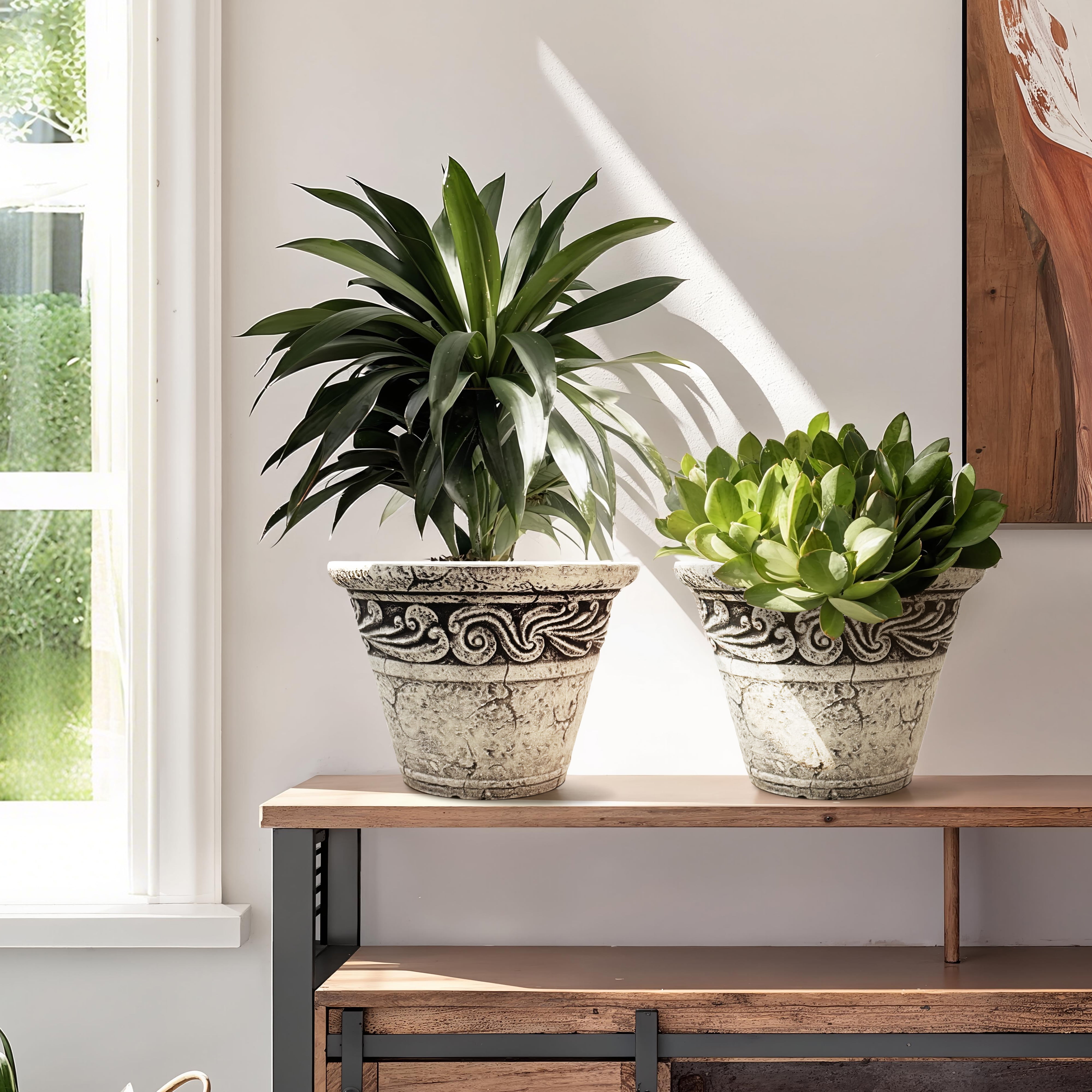 12 in. Dia Two-piece Set Of Classical Relief Flower Pots for Indoor/Outdoor Plants (Set of 2) in Black&White