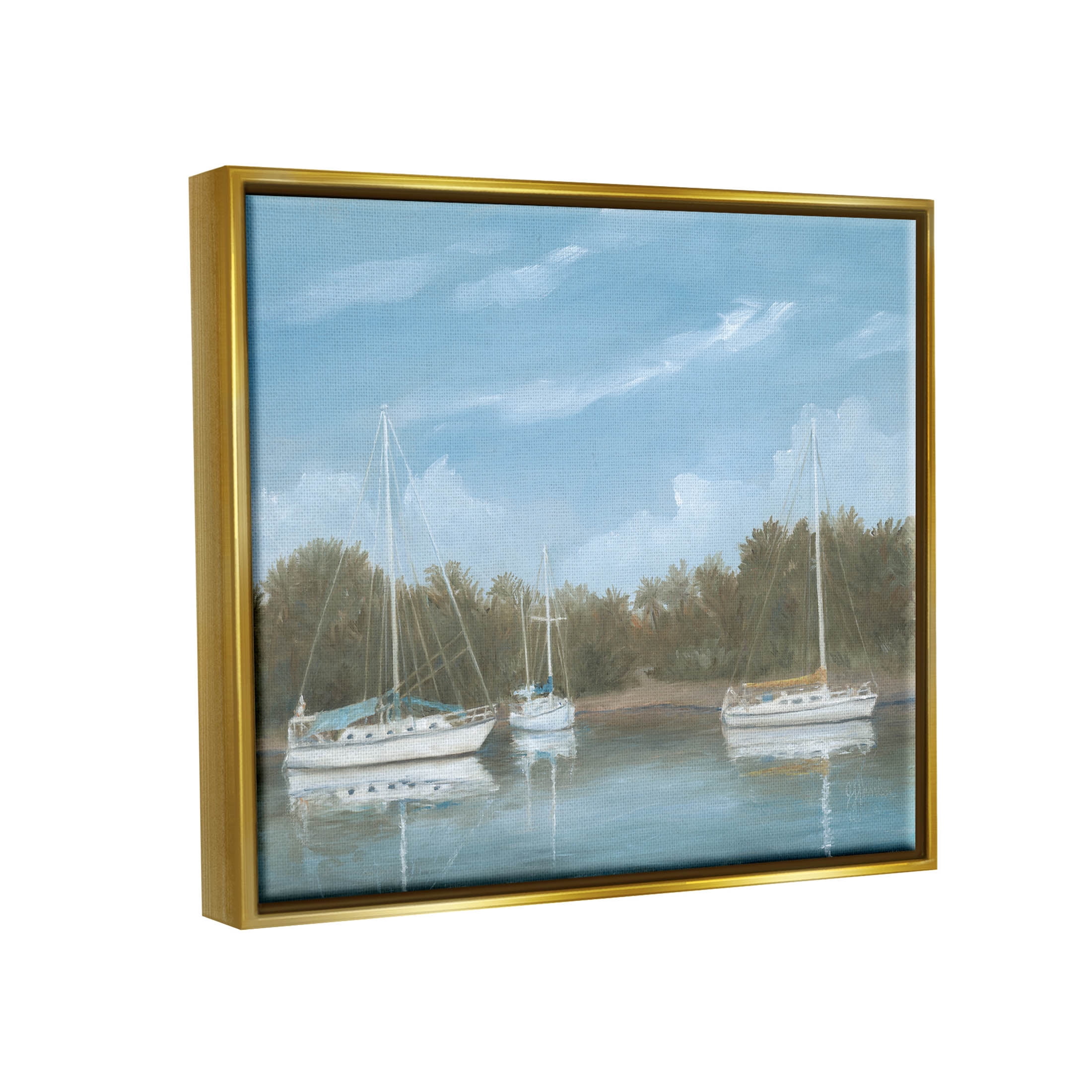 Drifting Boats Nautical Marina Landscape Painting Metallic Gold Framed Art Print Wall Art