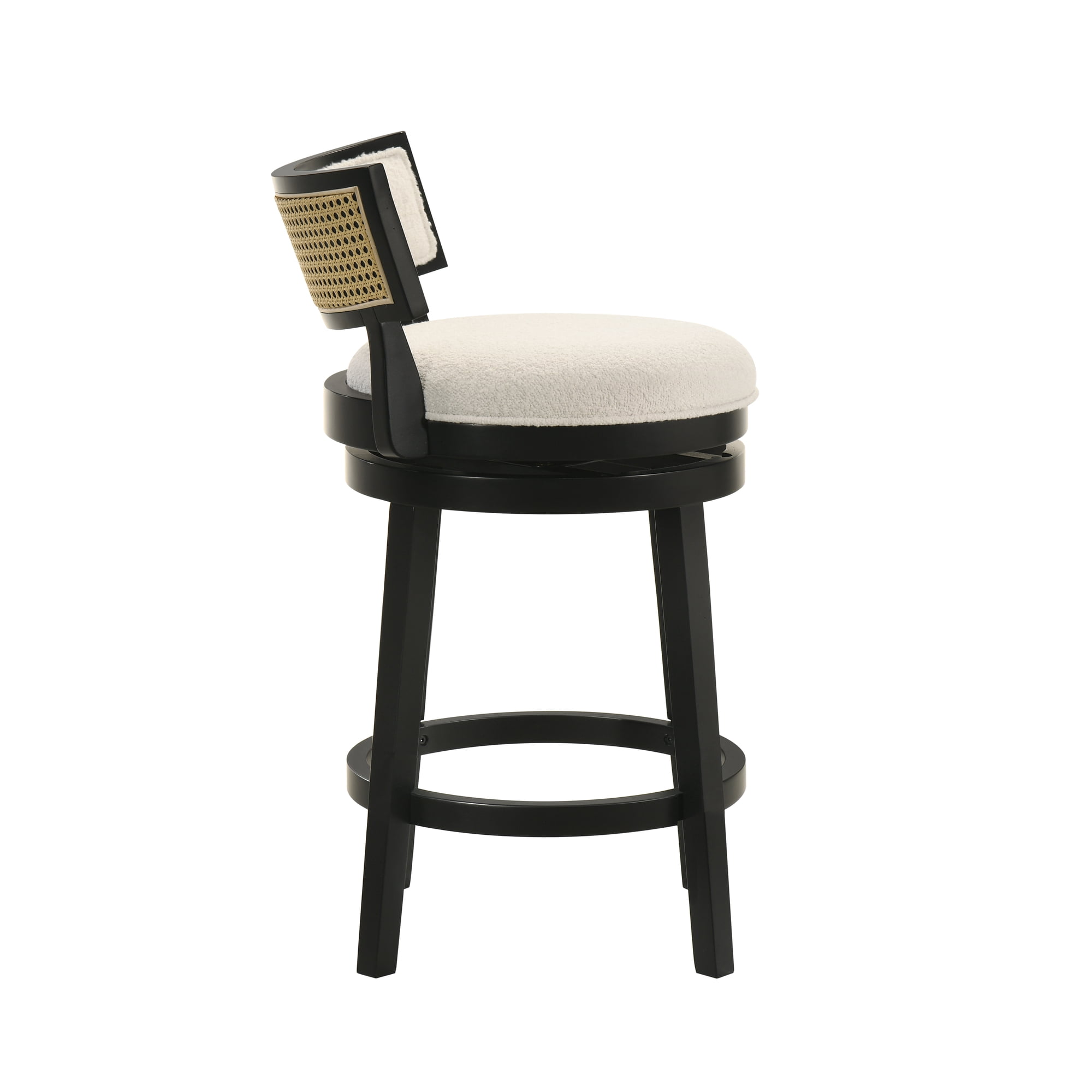 Noely Modern Farmhouse Swivel Wood Counter Height Kitchen Bar Stool in Black Finish with White Boucle Fabric Upholstered Seat - Set of 4