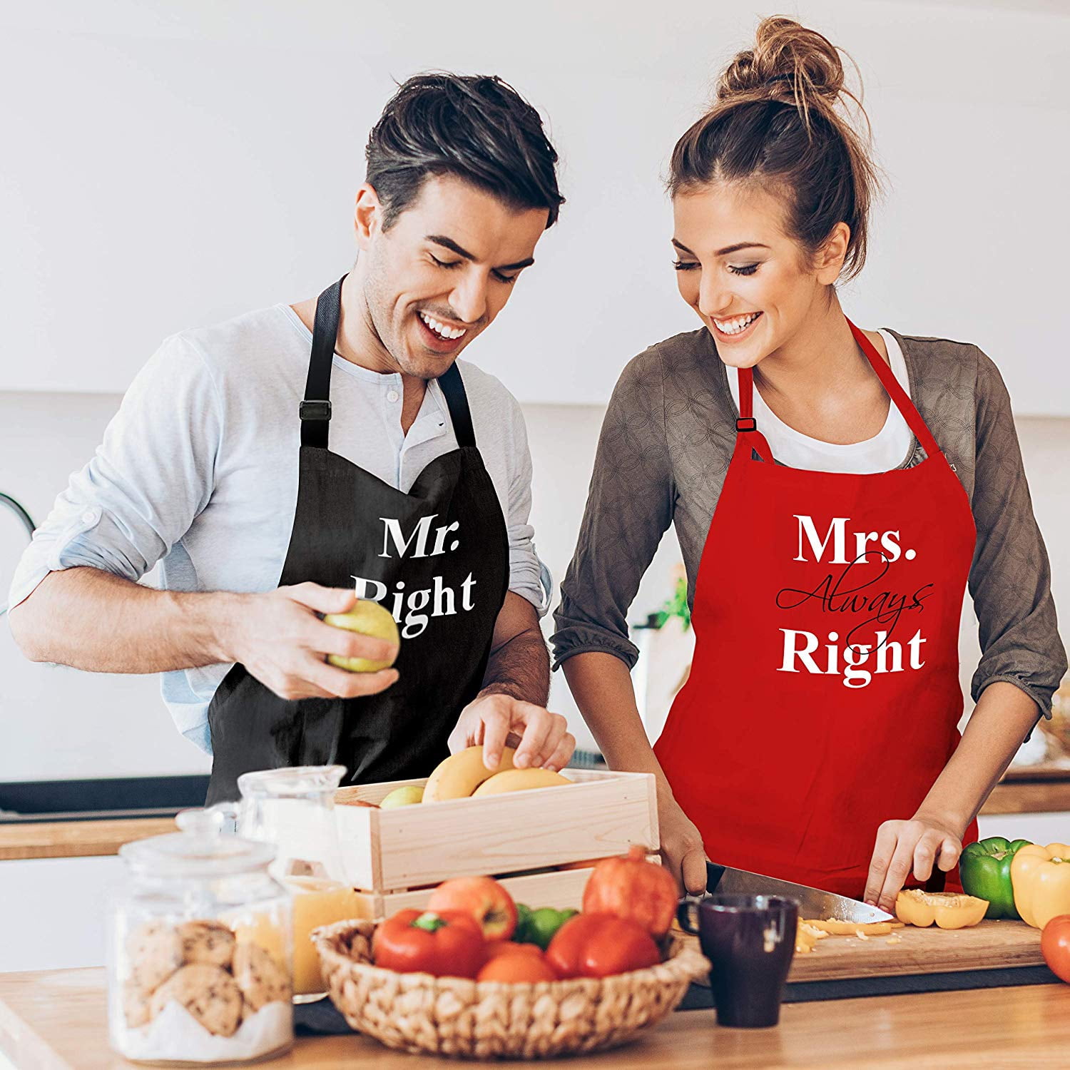 Prazoli His and Hers Aprons for Couples Mr Right Mrs Always Right Engagement and Bridal Shower Gift for Bride, Black & Red Apron Set of 2