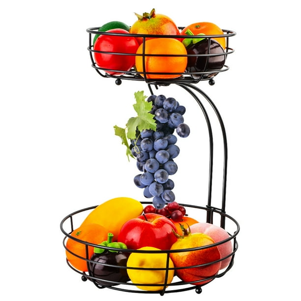 2 Tier Metal Fruit Basket Holder with Banana Hanger, Detachable Holder