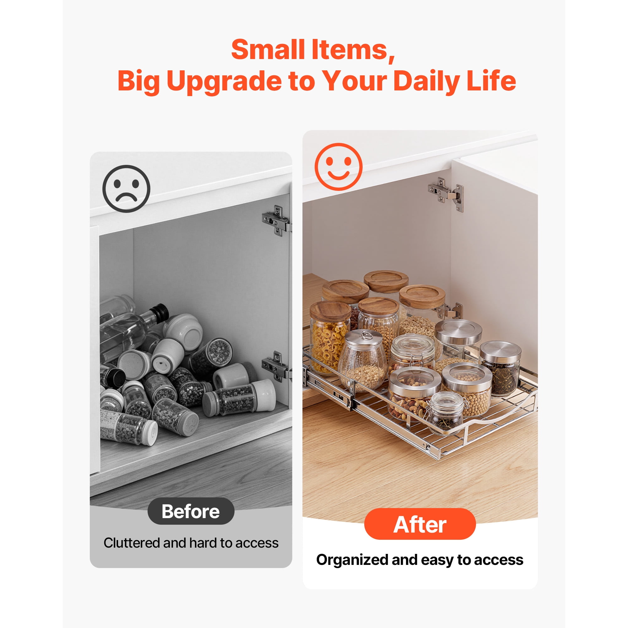 KFFKFF Steel Pull-Out Cabinet Organizer 14.06"W x 20.94"D, Slide-Out Drawers for Kitchen, Bathroom, Pantry, and Home Storage, Chrome-Plated Finish, Durable Sliding Shelves for Base Cabinets