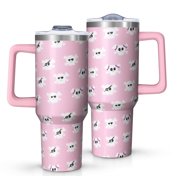 Pink Halloween Skulls Tumbler with Handle and Lid,40oz Double Wall Vacuum Insulated Tumbler,Cups Gift for Women and Men