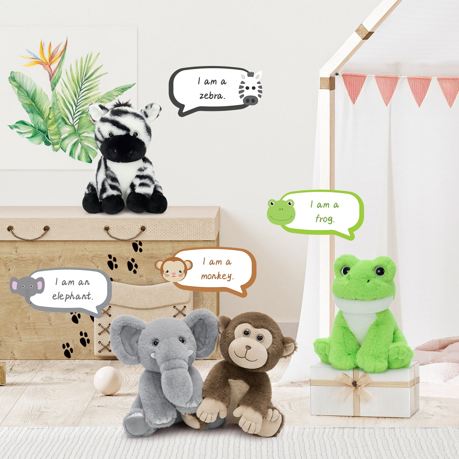 MaoGoLan 4-Packs 8" Soft Bulk Stuffed Animals and Plush Toys, Monkey, Zebra, Elephant,Frog Stuffed Plush