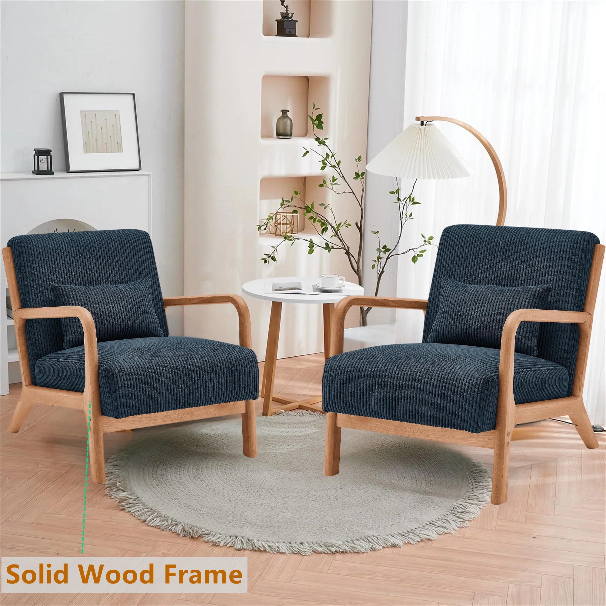 Aukfa Corduroy Mid Century Modern Accent Chair w/ Wood Frame&Pillow for Living Room, Peacock Blue