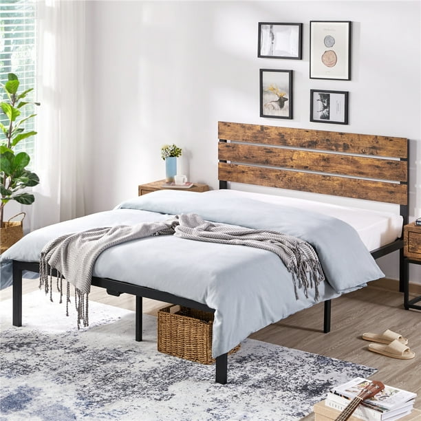 Yaheetech Platform Metal Bed Frame, Rustic Wooden Queen Size Bed Frame Dimensions In Cm