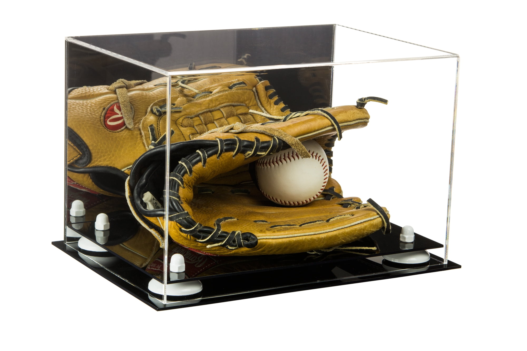 Deluxe Acrylic Baseball Glove Display Case with White Risers and Mirror