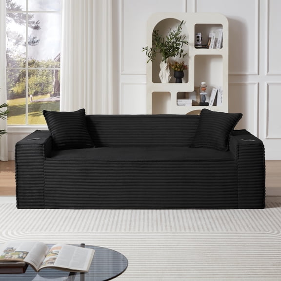 Leumius Cloud Sofa,3 Seater Boneless Couch with Cupholders,Upholstered Corduroy Fabric Modern Loveseat with Deep Seats for Living Room Bedroom,Black