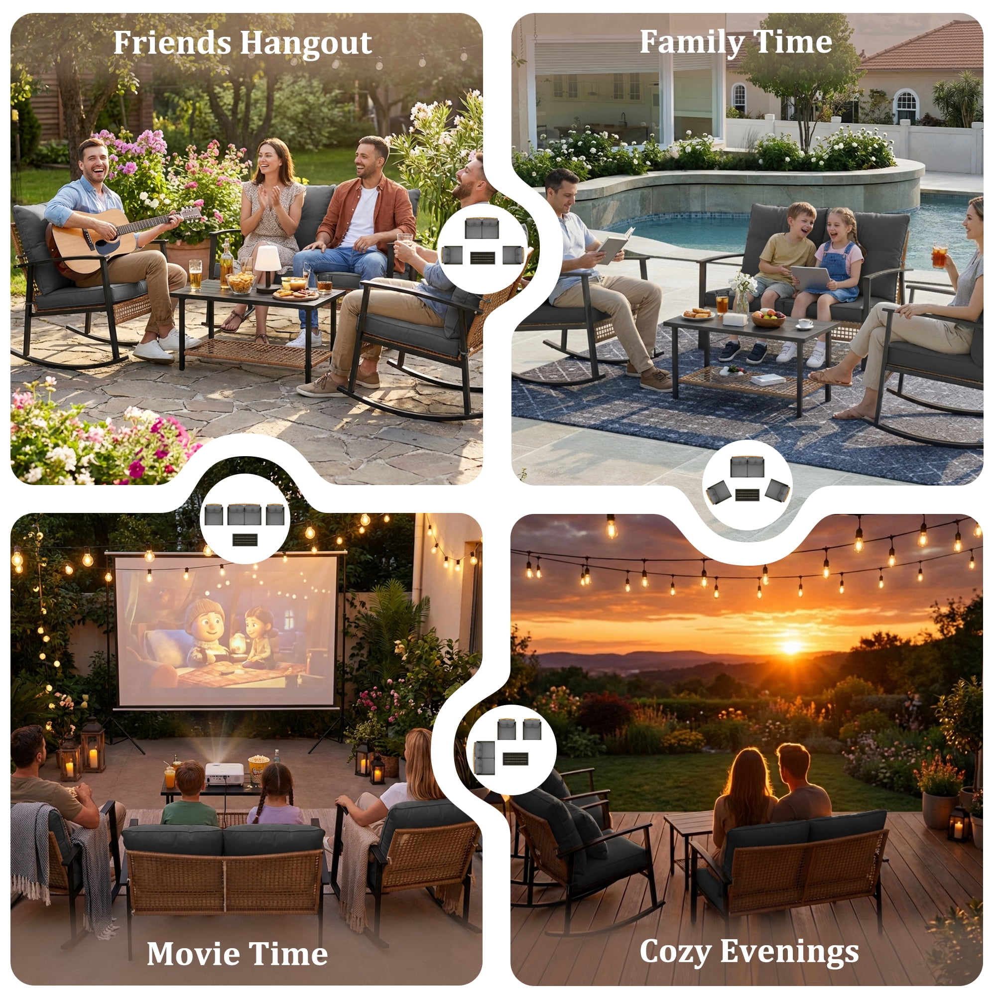Deersky 4 Pieces Outdoor Patio Furniture Set with 2 All-Weather Wicker Rocking Chairs, Loveseat and Coffee Table, Easy Assembly for Balcony, Porch, Backyard