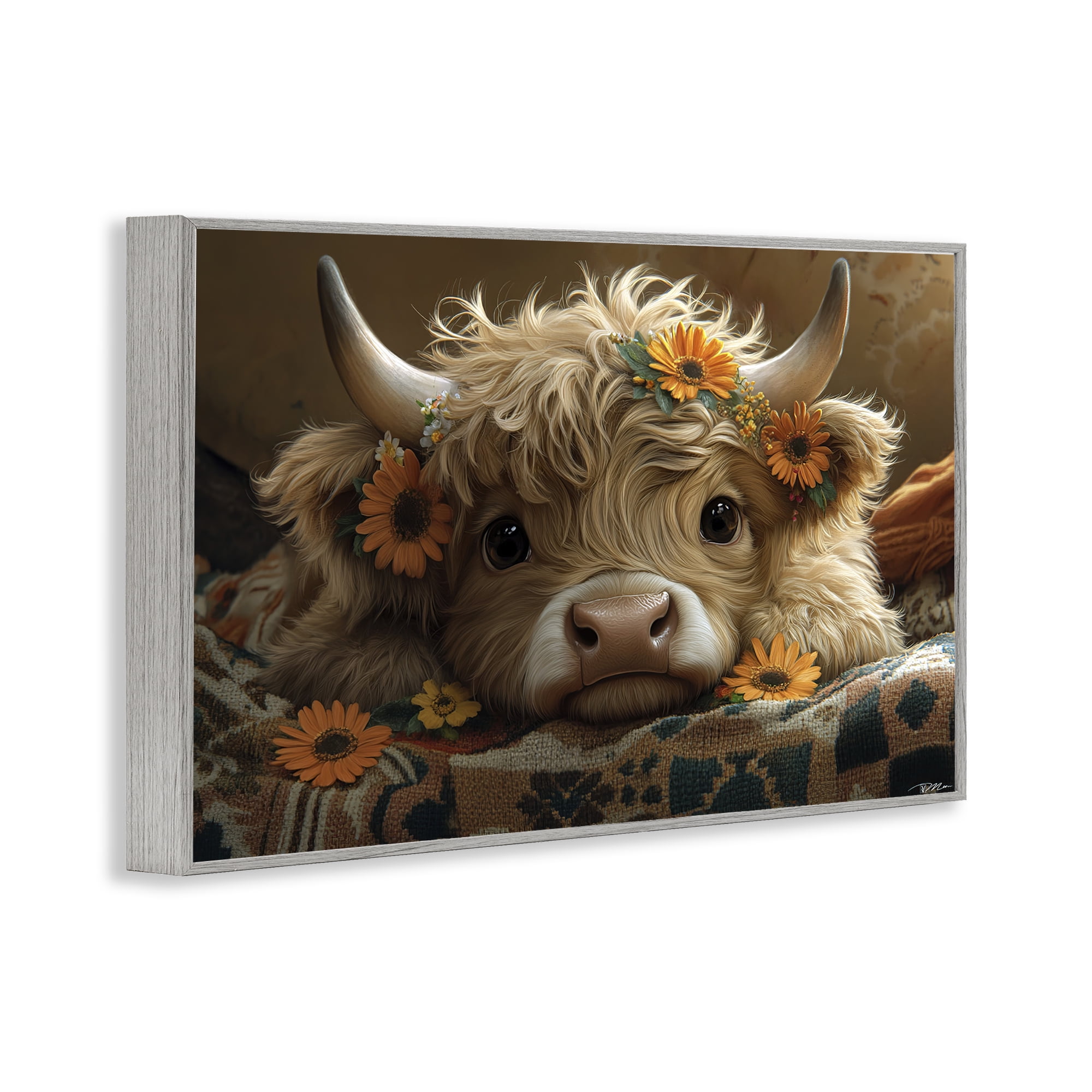Adorable Flower Bedecked Cattle Gray Framed Giclee Art, design by Momart