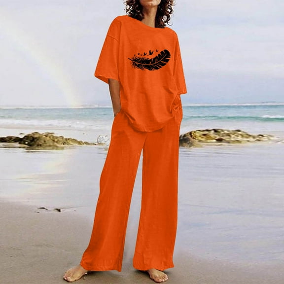 Runfenguu Summer Outfits For Women Summer Women'S Casual Off Shoulder Printed Short Sleeved Round Neck Top/Shirt Loose Straight Leg Pants Set Short Sleeved Round Neck Top/Shir