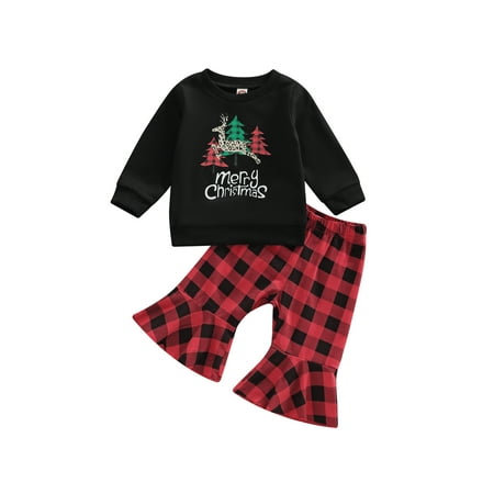 

Sunisery Christmas Baby Girls Clothes Outfits Tree Letter Print Long Sleeve T-shirt Tops and Casual Plaid Flare Pants Set