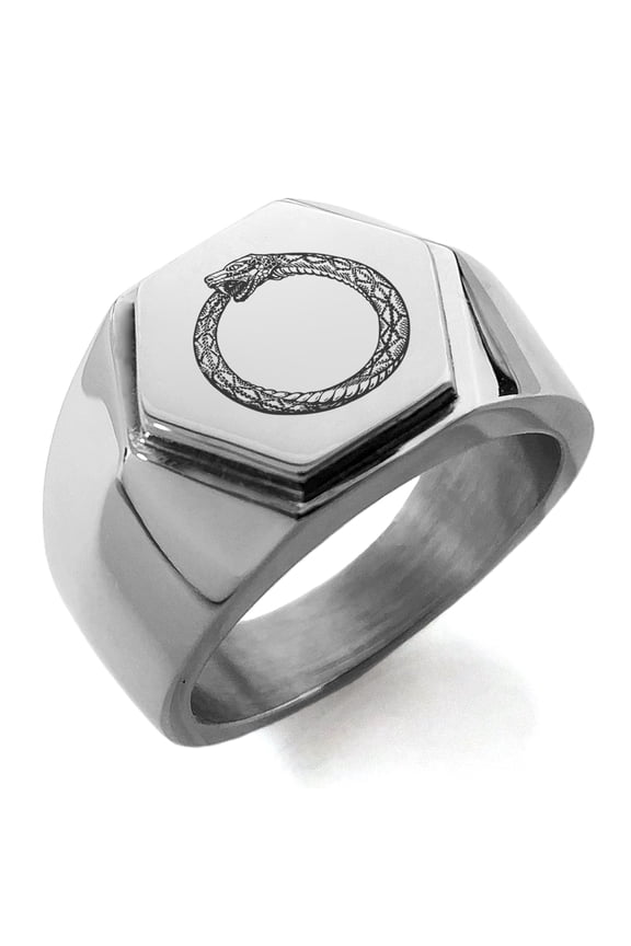 Stainless Steel Greek Mythology Ouroboros Engraved Hexagon Crest Flat Top Biker Style Polished Ring