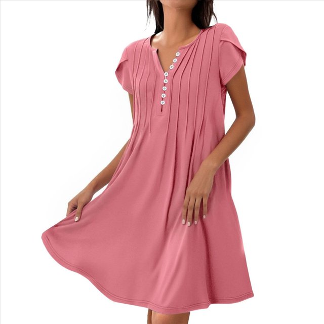 Vestido de Verano para Mujer, de Corta, con Botones, Cuello en V, Holgado, Informal, Fluido, Plisado, Maxivestido , Color Melocotón, Talla S