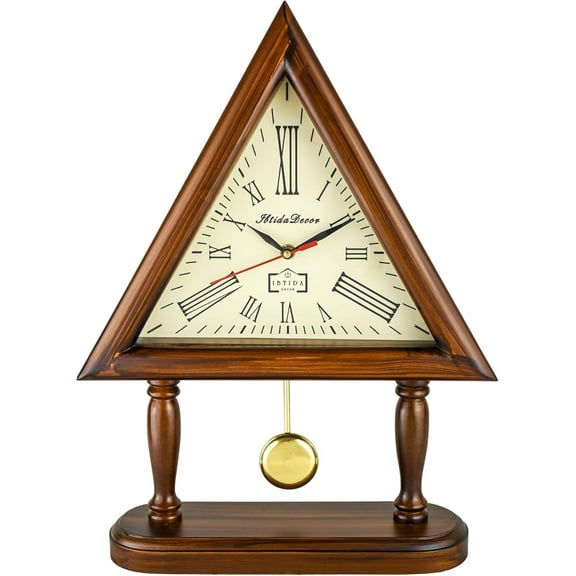 Wooden Triangle Table Clock with Pendulum – Vintage Roman Numeral Desk Clock for Home & Office Décor