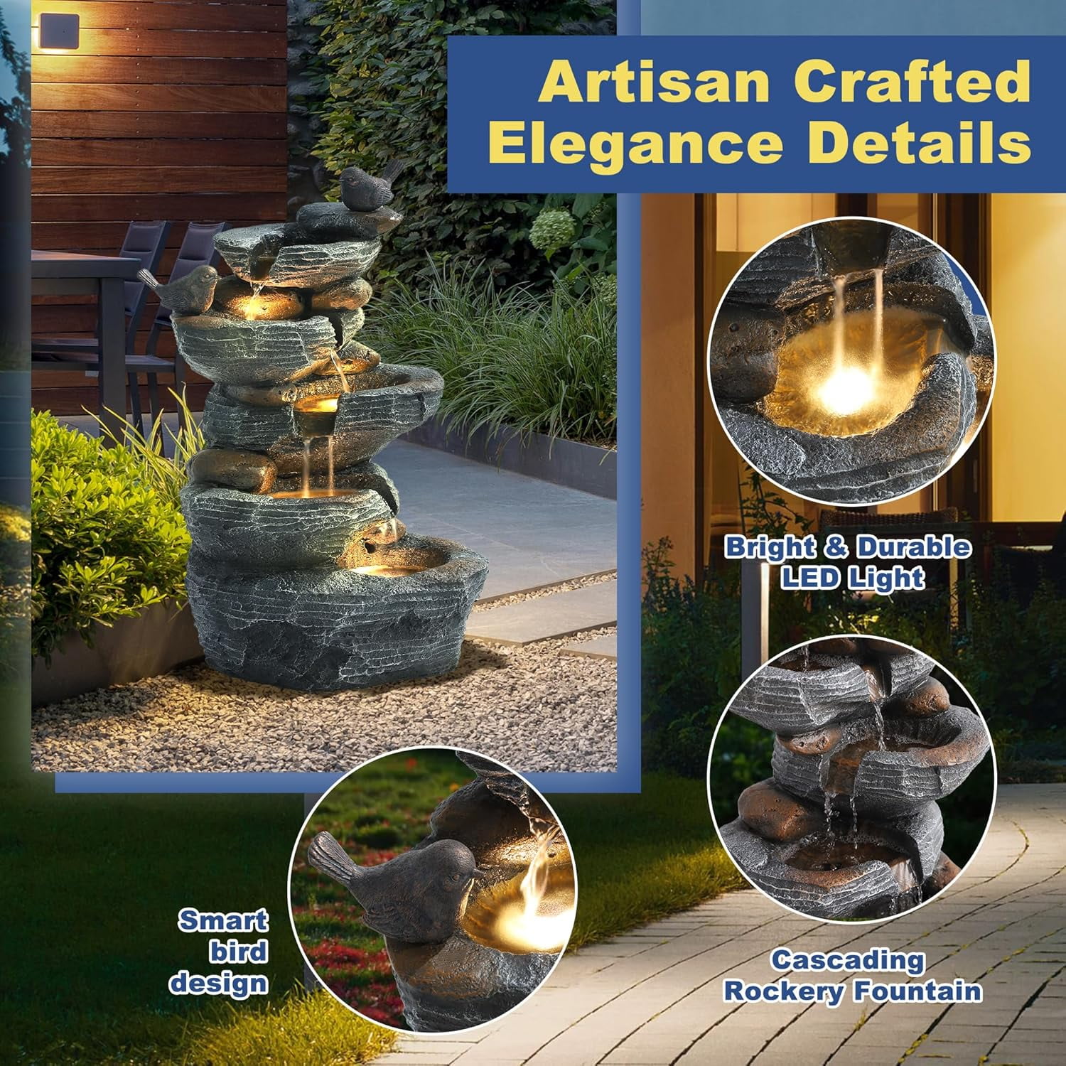 5-Tiers Cascading Rock Outdoor Water Fountain, Garden Freestanding Birds Waterfall Fountains Outdoor with LED Lights Birds Decor, Stacked Stone Outdoor Fountains for Garden Patio Porch, 26" H