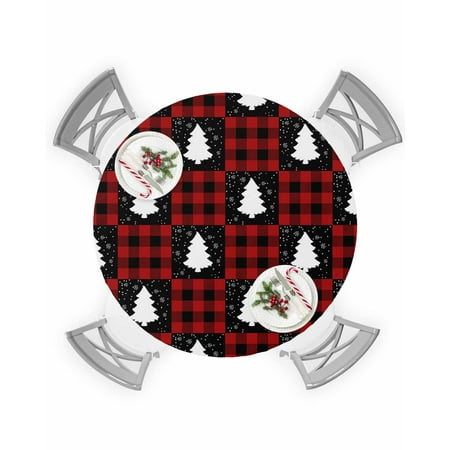 

Round Tablecloth with Elastic Winter Christmas Tree Red Black checkered Waterproof Stain-proof Table Cover Wipeable Fitted Table Cloths for 36 -44 Round Tables Dining Kitchen Indoor Outdoor Use