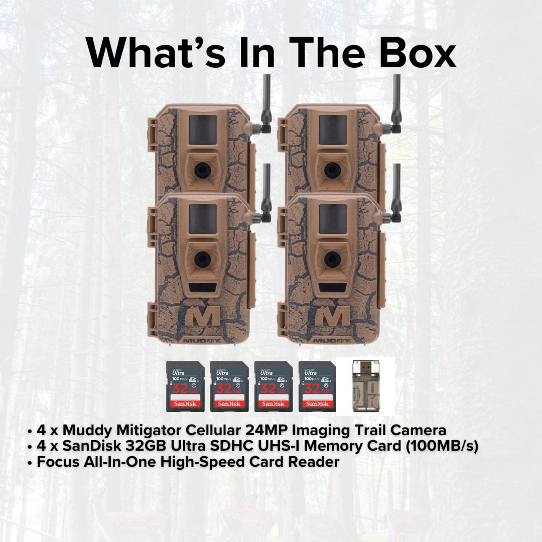 Muddy Mitigator Cellular 24MP Imaging Trail Camera with 80 Feet Detection and Flash Range (4-Pack) Bundle with 32GB Ultra SDHC UHS-I Memory Card (4-Pack) and Focus High Speed Card Reader (9 Items)