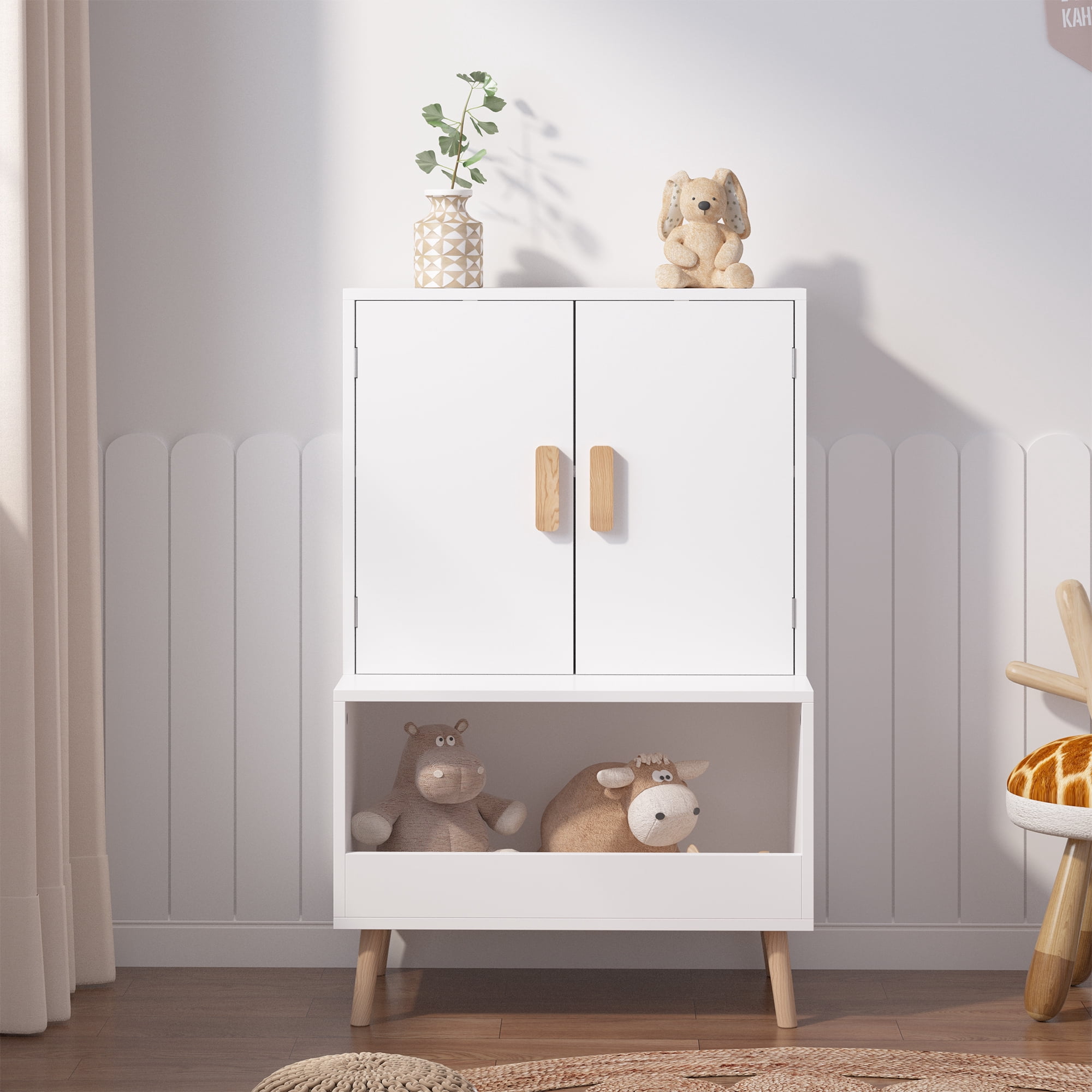Toy Storage Cabinet with Doors and Open Shelf,Modern Wooden Storage Cabinet Bookcase Toy Storage for Playroom,Bedroom,White