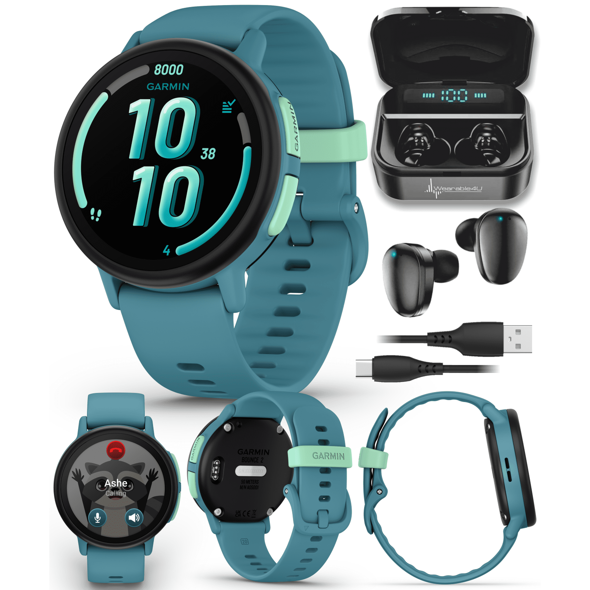 Garmin Bounce 2 Kids Smartwatch with LTE – Two-Way Calling, Text Messaging, Real-Time GPS Tracking, Swim-Friendly AMOLED Display, Music, Turquoise w/Wearable4U Black EarBuds Bundle