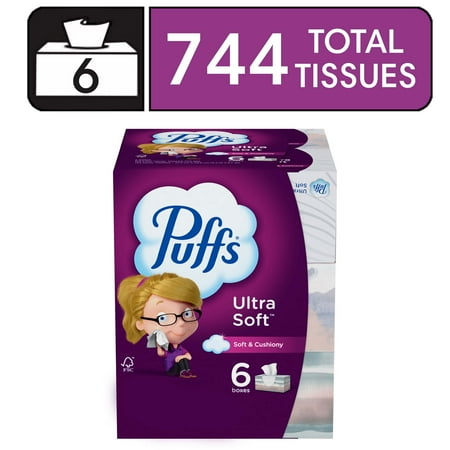Puffs Ultra Soft Facial Tissues, 6 Family Size Boxes, 124 Facial Tissues Per Box
