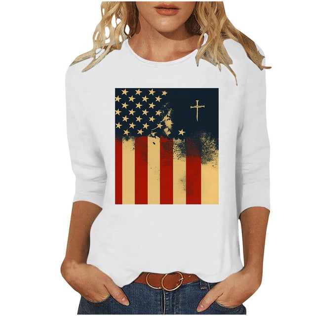 Wo-Fusoul T-Shirt pour Femmes, Haut à Col Rond Imprimé à Manches Trois Quarts, Chemise Décontractée à Manches 3/4
