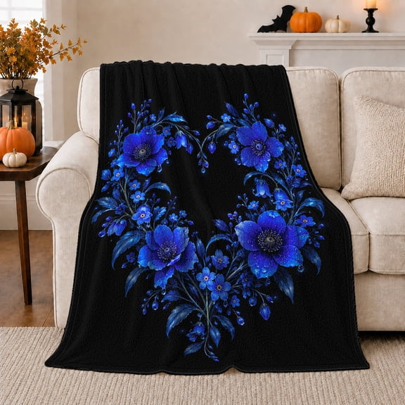Royal Blue Anemone Heart Wreath Romantic Floral, Cozy Friendship Quote Scene, Warm Flannel Blanket for Living Room and Reading Nook, Art Lovers Friendship Gift, Artistic Home Decor