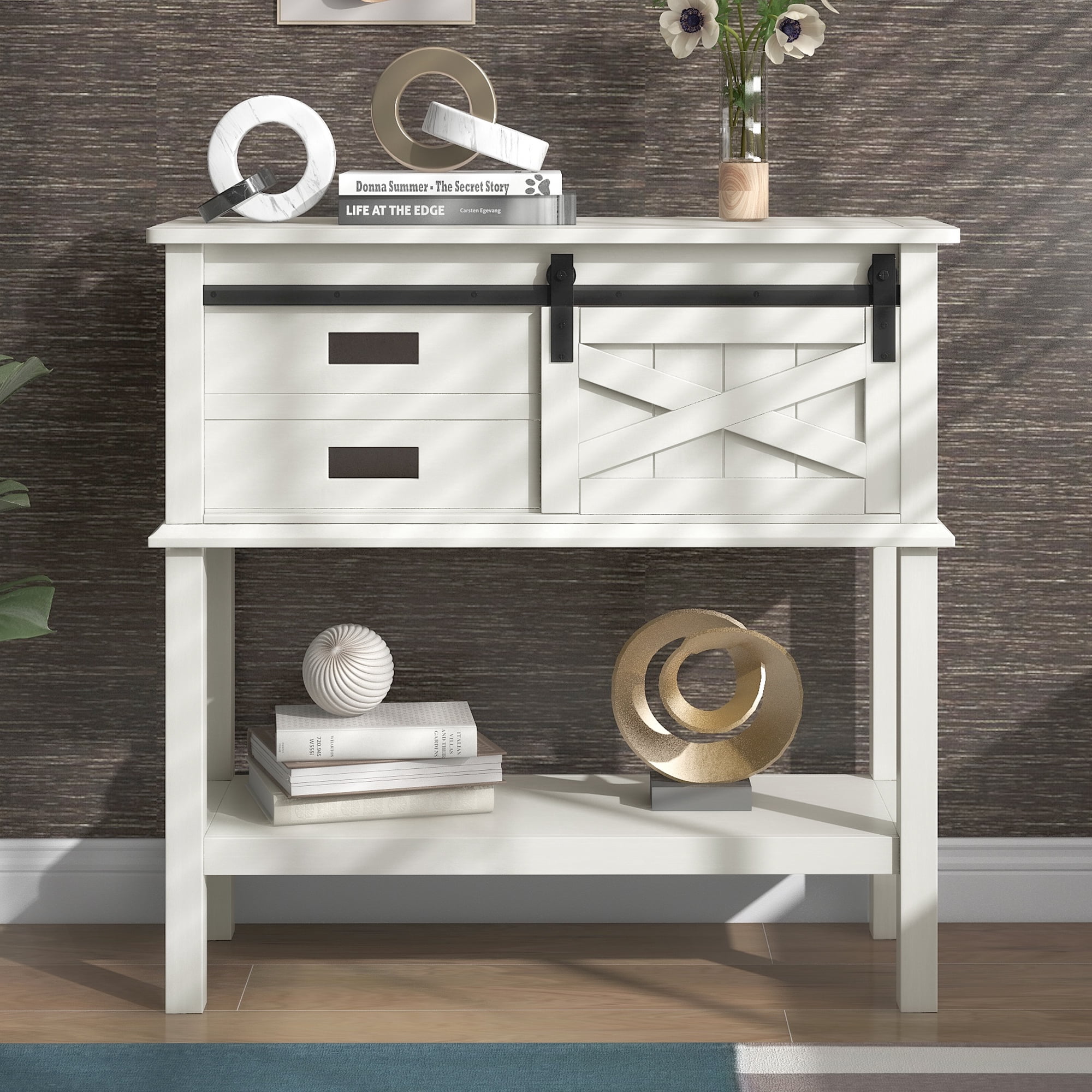 Classic Farmhouse Style Console Table, Wood Console Table with Sliding