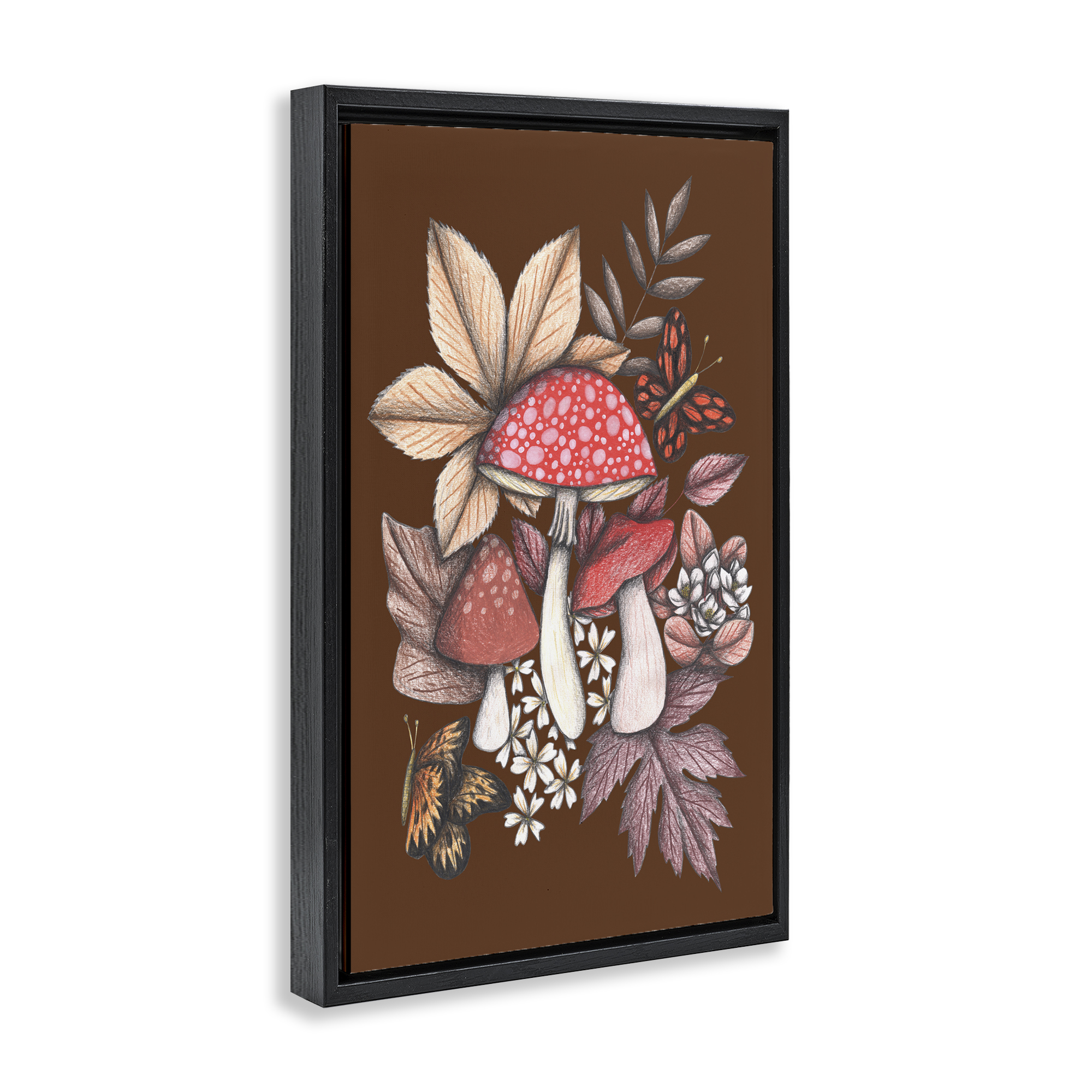 Autumnal Mushrooms Magic Black Framed Floater Canvas Wall Art, design by Cecilia Battaini