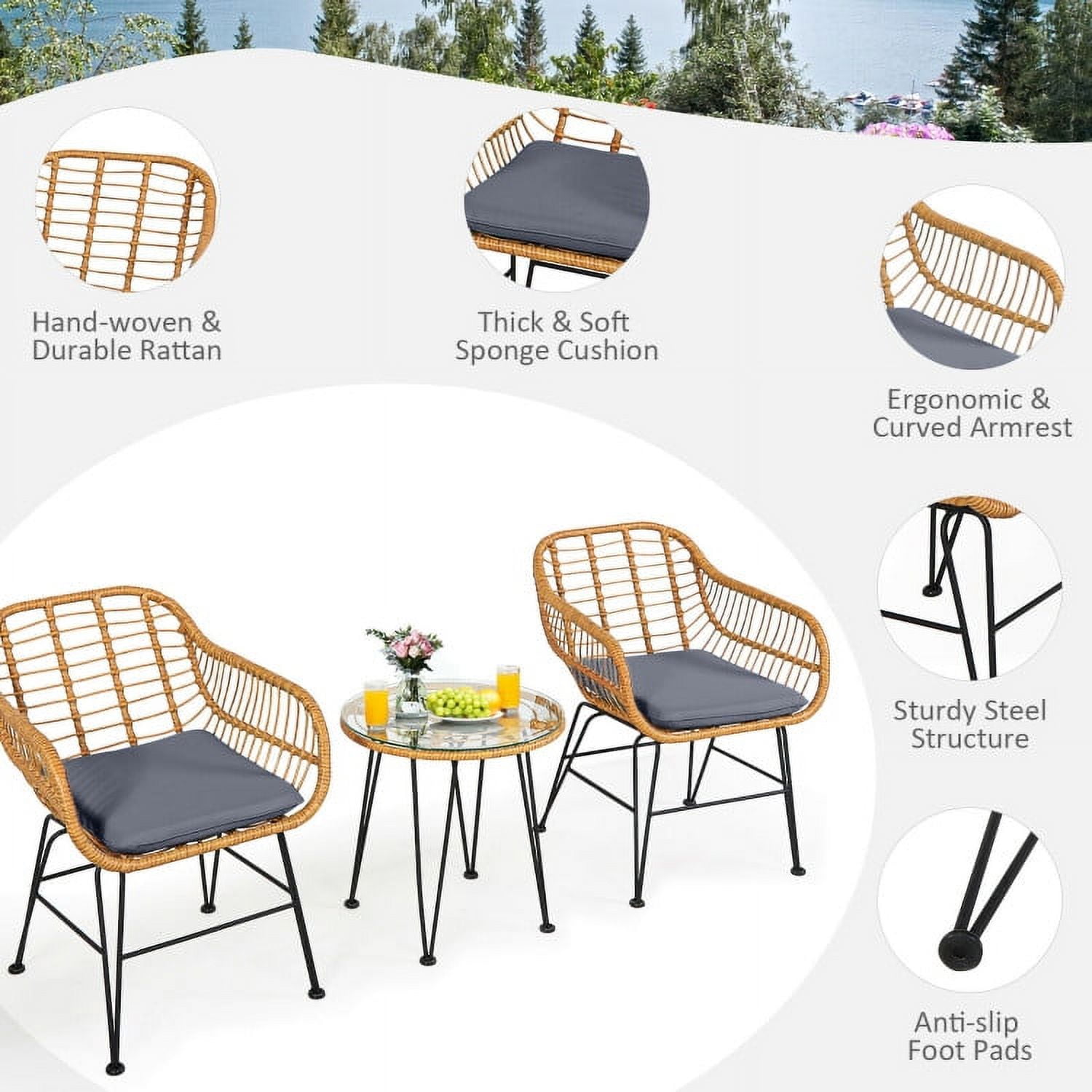 Aimee Lii 3 Pieces Rattan Furniture Set with Cushioned Chair Table, Outdoor Patio Furniture, Gray Aimee Lii 3 Pieces Rattan Furniture Set with Cushioned Chair Table, Outdoor Patio Furniture, Gray