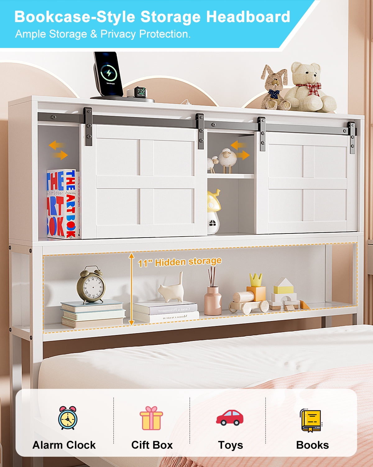 Twin Bed Frame with Storage Headboard & Drawer, 3-in-1 Charging Station, Sturdy Metal Frame, No Box Spring Needed, Noise-Free, Non-Slip Design –(White)