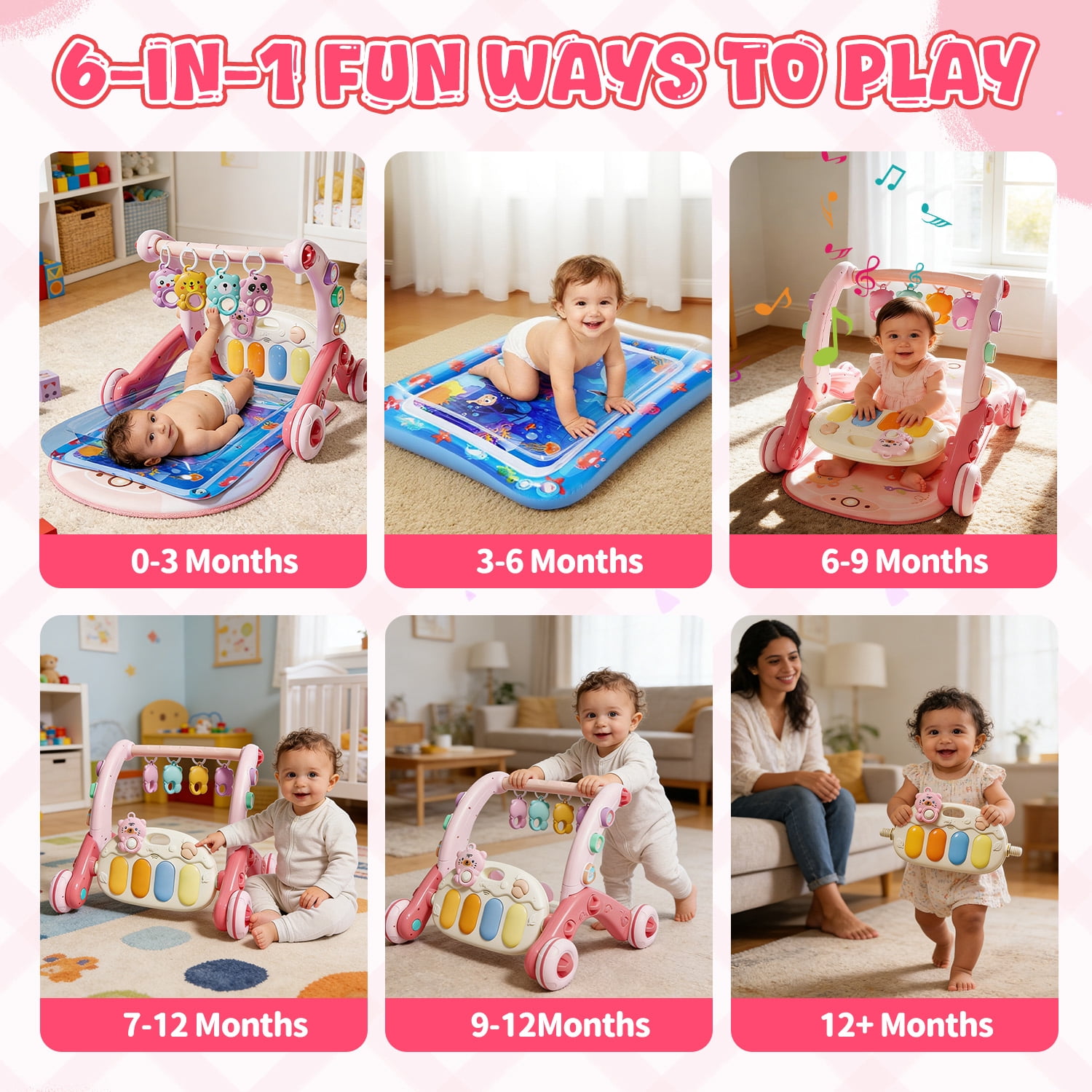 WonderStone 6-in-1 Baby Gym Play Mat, Activity Center Walker with Water Mat, 5 Infant Toys & Portable Musical Piano Panel for Babies 0–12 Months, Pink