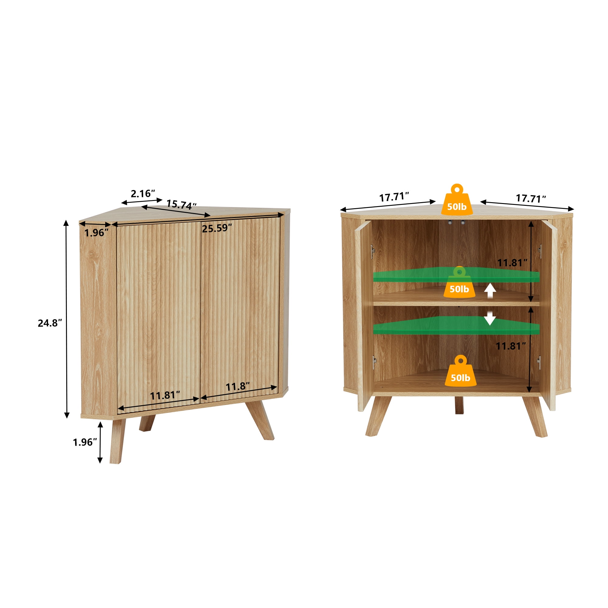 Weselon Wooden Triangular Bathroom Floor Corner Cabinet with Double Door, Freestanding Wooden Storage Cabinet Floor Organizer for Bathroom（Natural）