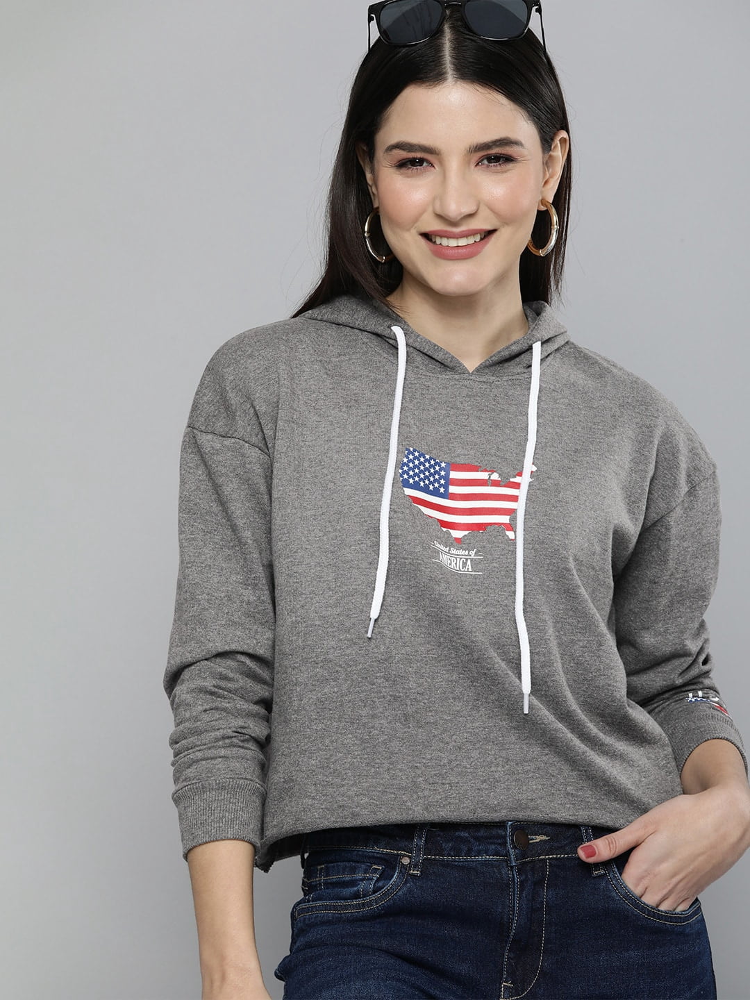 HEREu0026NOW - By Myntra Women Designer Charcoal Grey Printed Hooded Cropped  Long Sleeves Ready to Wear Pullover Cotton Sweatshirt With Straight Hem -  Walmart.com
