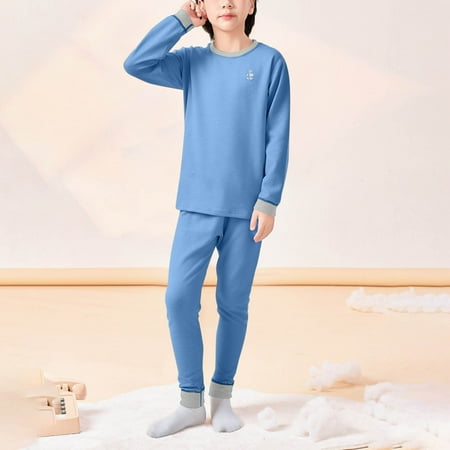 BRGZLK Boys Homewear Long Sleeve Round Neck Top Shirt Set Unisex Style Autumn Winter Fleece Lined Wool Warm Autumn Clothes Pants Loungewear Set Blue 16-17 Years