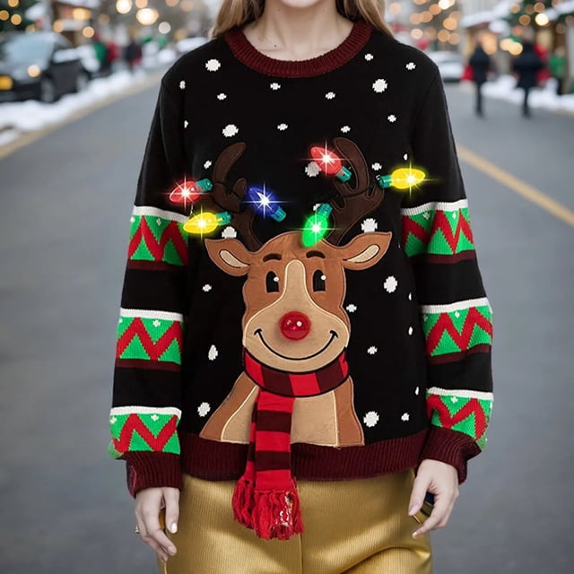 Suéter con luz LED para mujer, Jersey de punto de Reno y alce de dibujos animados de Navidad, Tops de fiesta divertidos, suéter feo rojo de Navidad, nuevo