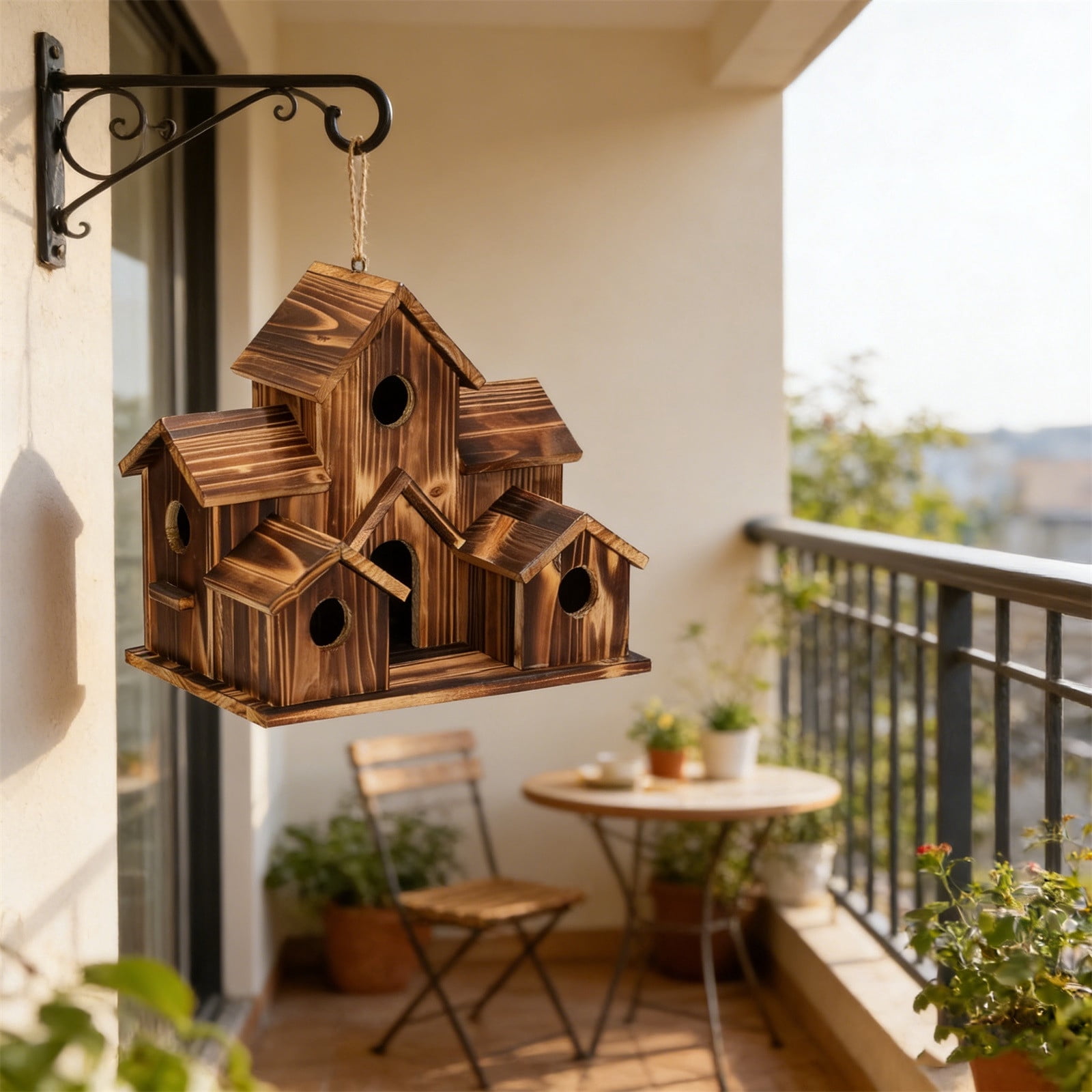 Bird Houses for Outside with Bird Feeder, Outdoor 3 Hole Bird House Room for 3 Bird Families Bluebird Finch Cardinals Hanging Birdhouse for Garden, Brown