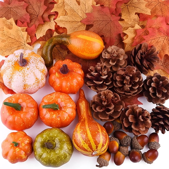 XIBUFE 2026 New 50Pcs Fall Pumpkins Decor Set,Artificial Gourd Fall Leaves Acorns Pinecones Decorations for Home,Fall Centerpieces for Tables,Thanksgiving Bowl Filler,Farmhouse Table Tiered Tray Set