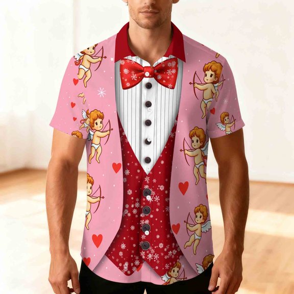 Xdegoge Valentines Shirts for Men Short Sleeve Button Up Funny Hawaiian Shirt Dressy Casual Summer Girlfriend Tops Holiday Party Tshirts Going Out Outfits